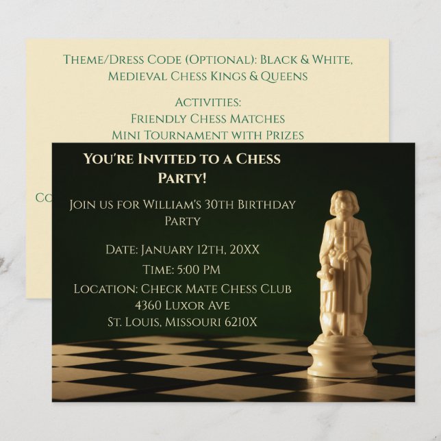 Green 30th Birthday Party Chess Bishop  Invitation (Front/Back)