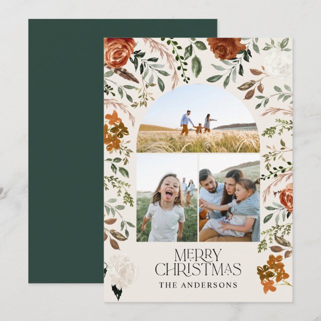 Green 3 photo botanical elegant rustic arch holiday card (Front/Back)