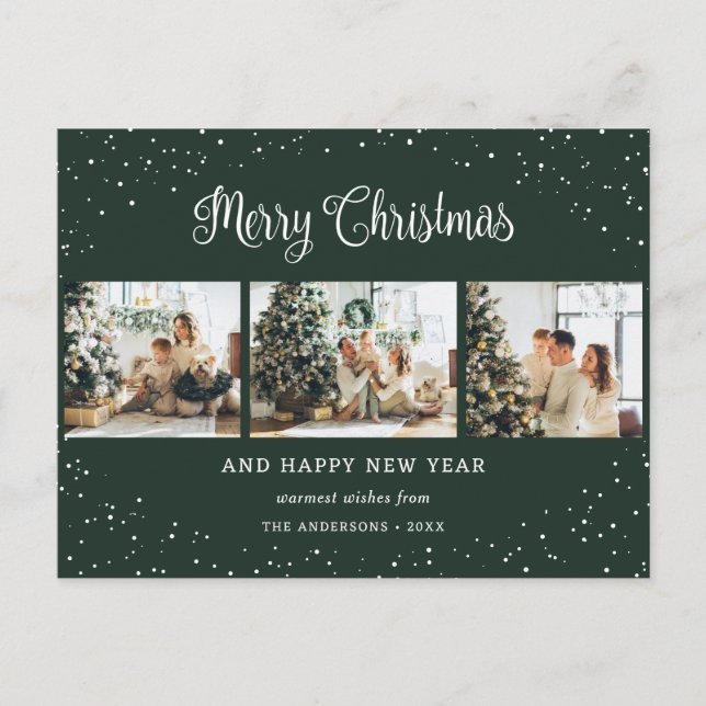 Green 3 Photo Collage Snow Minimalist Holiday Postcard (Front)