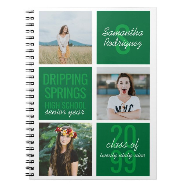 Green 3-Photo Fun Boxes Class Year Notebook (Front)
