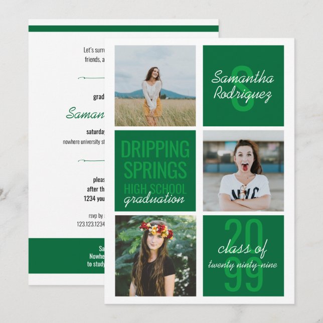 Green 3-Photo Fun Boxes Graduation Invitation (Devant / Derrière)