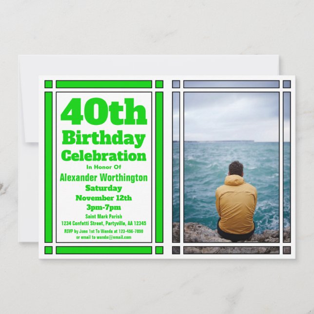 Green 40th Photo Birthday Invitation (Front)