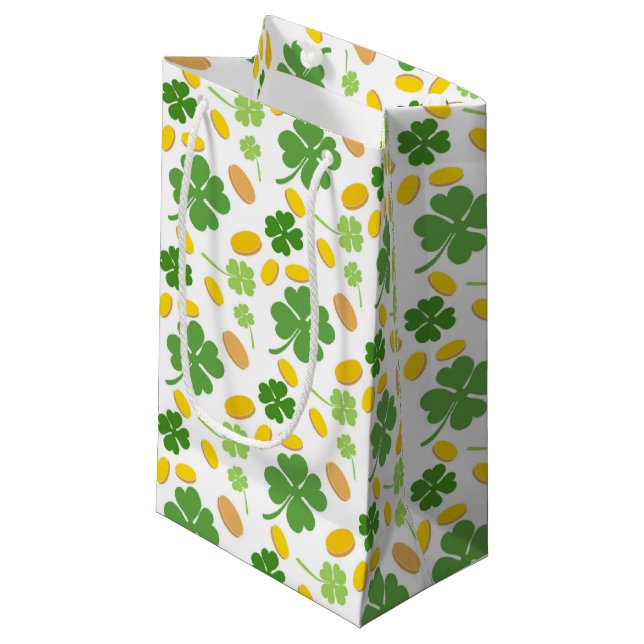 Green 4 Leaf Clovers St Patricks Day Coins Small Gift Bag (Front Angled)