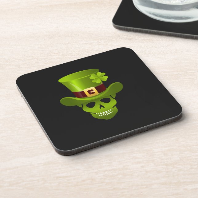 Green 4 Leaf Shamrock Skull And Green Hat Coaster (Left Side)
