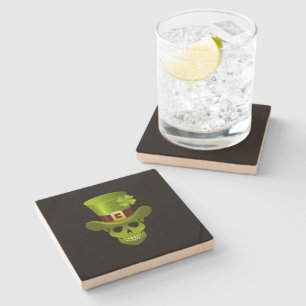 Green 4 Leaf Shamrock Skull And Green Hat Stone Coaster