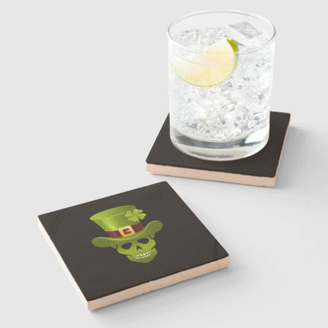 Green 4 Leaf Shamrock Skull And Green Hat Stone Coaster (Side)