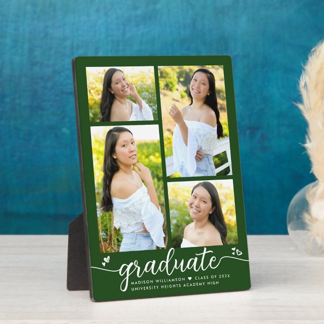 Green 4 Photo Graduation Modern Calligraphy Hearts Plaque (Creator Uploaded)