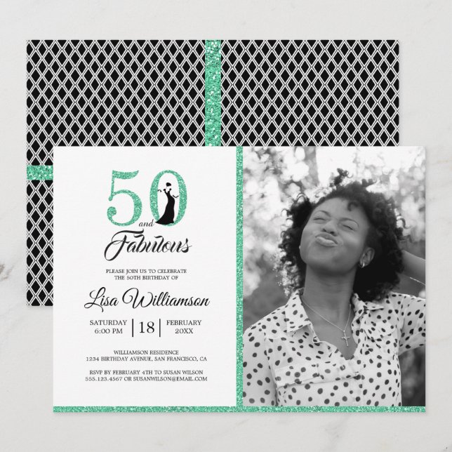 Green 50 Fabulous 50th Birthday Party Photo Invitation (Front/Back)