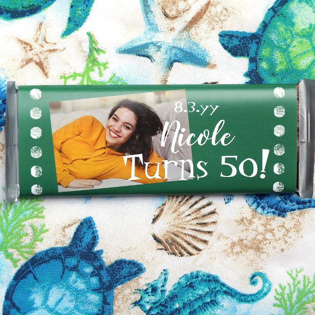 Green 50th Birthday Chocolate Candy Wrapper (tropical green hawaii 5-0 50th birthday party personalized chocolate candy bar wrapper label photo)