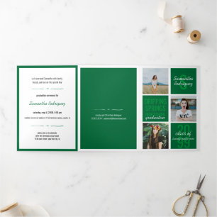 Green 5-Photo Fun Boxes Graduation Tri-Fold Invitation