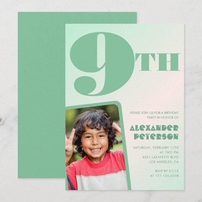 Green 9th birthday invitations Colourful Photo (Front/Back)