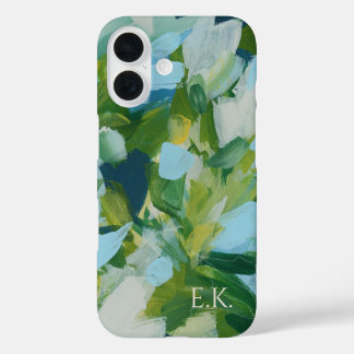 Green Abstract Art Monogram Custom Name iPhone 16 Case