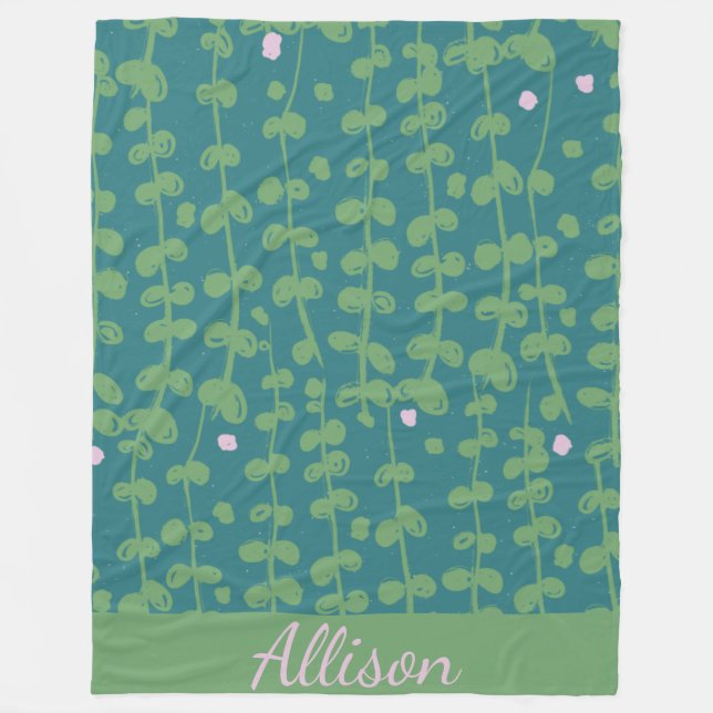 Green Abstract Floral Vines Pattern Personalized Fleece Blanket (Front)