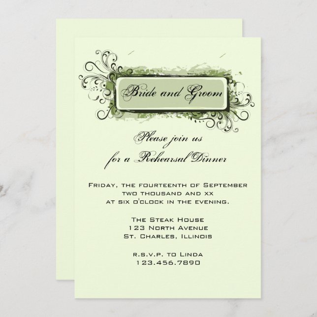 Green Abstract Floral Wedding Rehearsal Dinner Invitation (Front/Back)