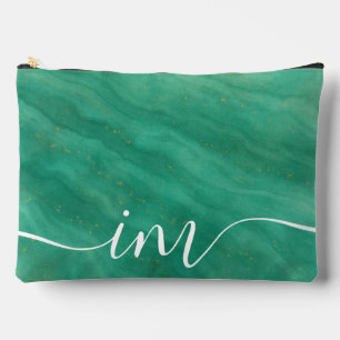 Green Abstract Marble with Custom Initials - Accessory Pouch