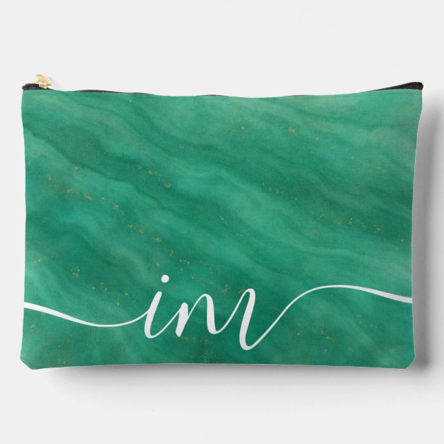 Green Abstract Marble with Custom Initials -  Accessory Pouch (Front)