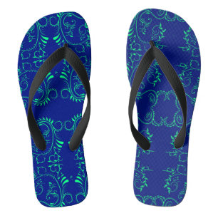 Green abstract vines blue pattern flip flops