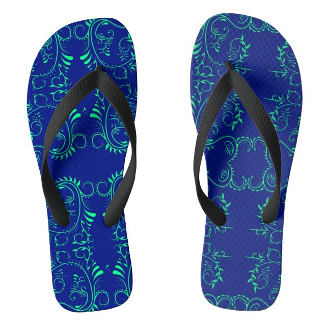 Green abstract vines blue pattern flip flops (Footbed)