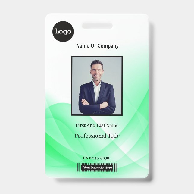 Green Abstract Wave Business Photo ID Badge (Front)
