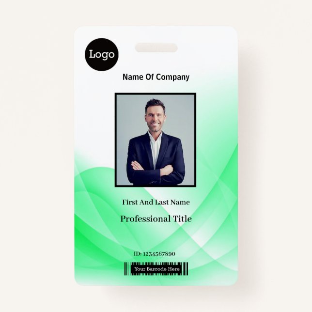 Green Abstract Wave Business Photo ID Badge (Front)
