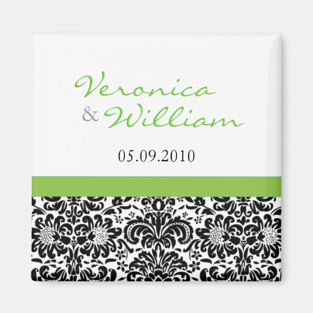 Green Accent Damask Save The Date Magnet (Front)