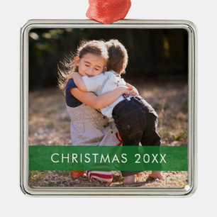 Green Accent Ribbon Photo Template Christmas Metal Ornament