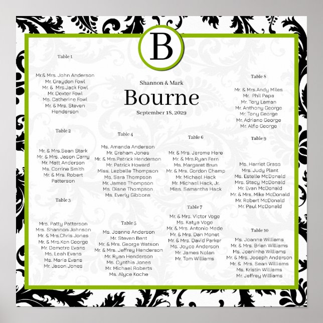 Green Accents Black and White Damask Seating Chart (Front)
