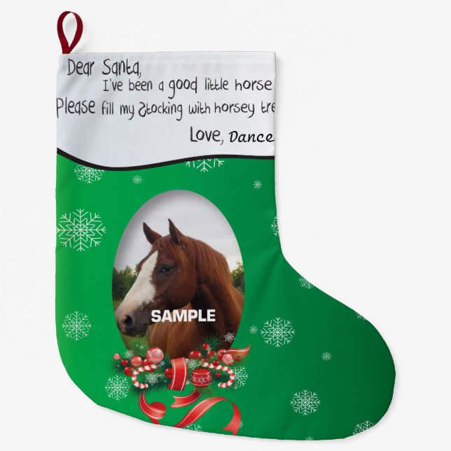 Green ADD YOUR HORSE Photo and Name Dear Santa Large Christmas Stocking (Front)