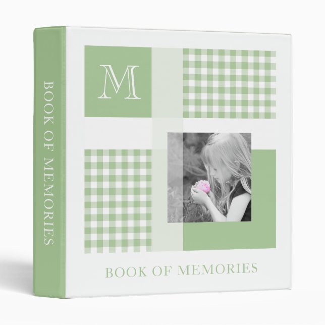 Green Add Your Photo Gingham Modern Monogram Binder (Front/Spine)