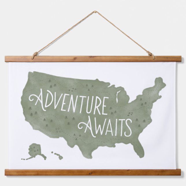 Green Adventure Awaits US Map Kids Room Decor Hanging Tapestry (Front)