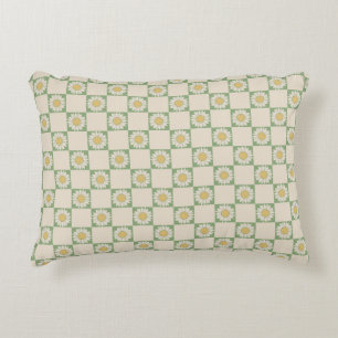 Green Aesthetic Chequered Sunflower Y2K Pattern Accent Pillow