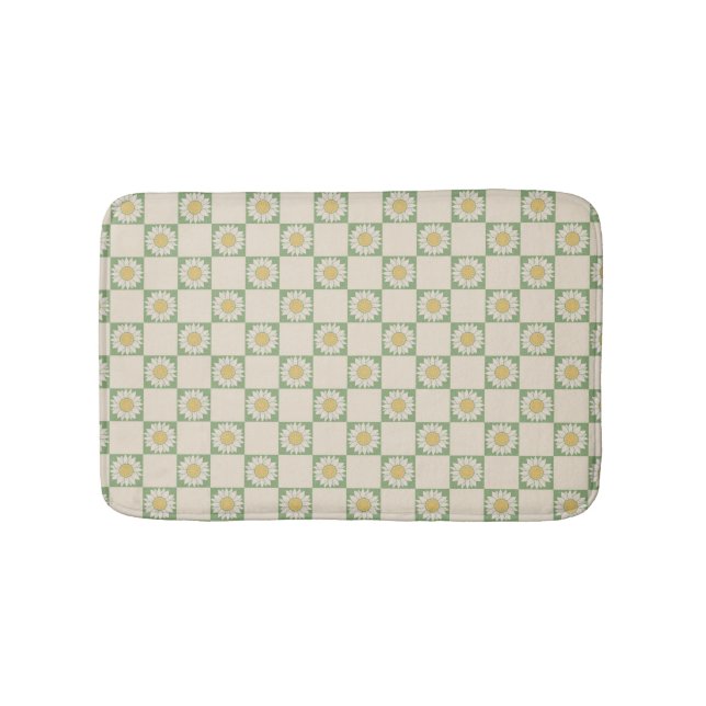 Green Aesthetic Chequered Sunflower Y2K Pattern Bath Mat (Front)