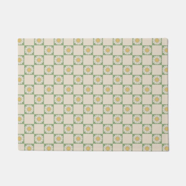 Green Aesthetic Chequered Sunflower Y2K Pattern Doormat (Front)