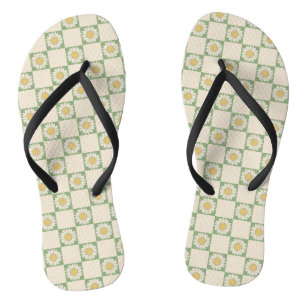 Green Aesthetic Chequered Sunflower Y2K Pattern Flip Flops