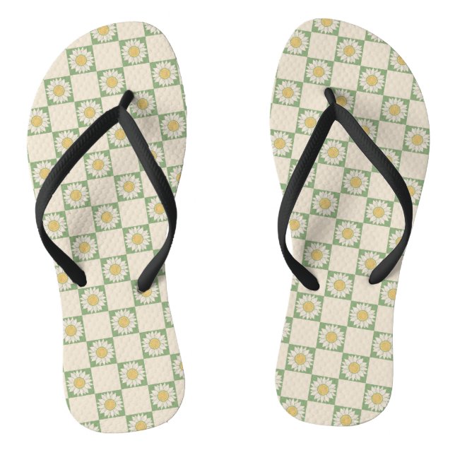 Green Aesthetic Chequered Sunflower Y2K Pattern Flip Flops (Footbed)