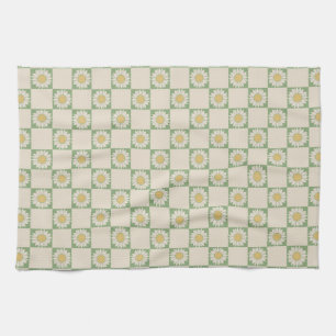 Green Aesthetic Chequered Sunflower Y2K Pattern Kitchen Towel