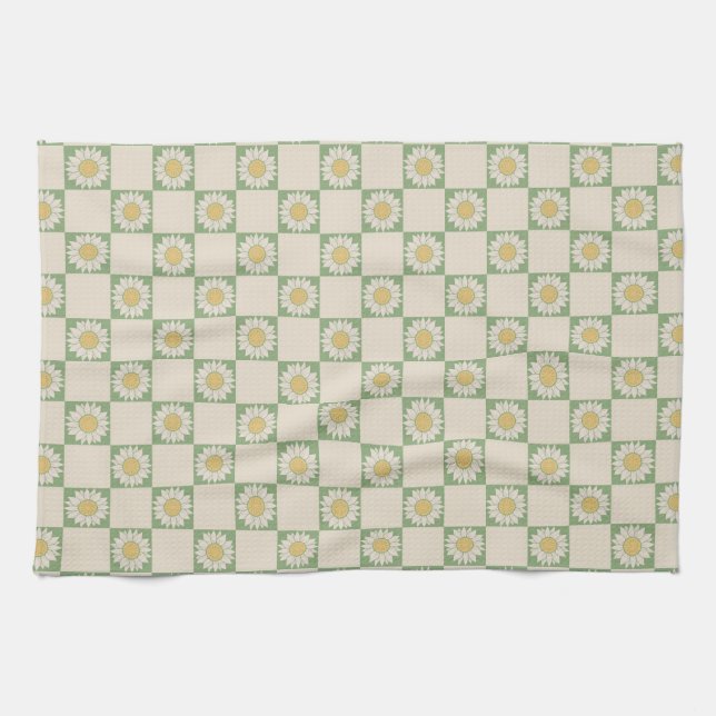 Green Aesthetic Chequered Sunflower Y2K Pattern Kitchen Towel (Horizontal)