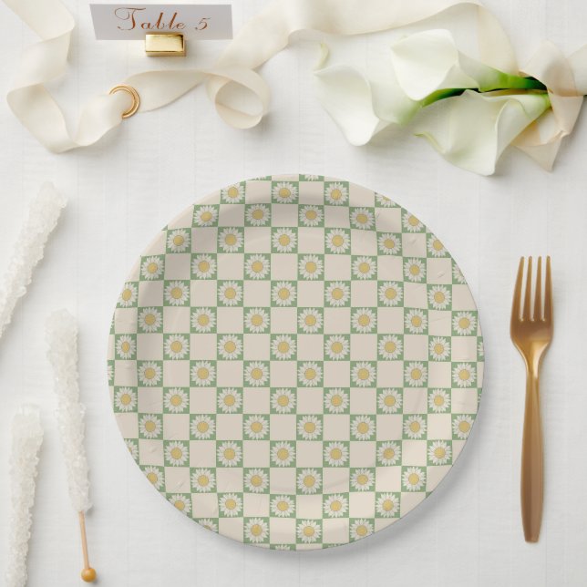 Green Aesthetic Chequered Sunflower Y2K Pattern Paper Plate (Wedding)