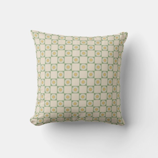 Green Aesthetic Chequered Sunflower Y2K Pattern Throw Pillow (Front)