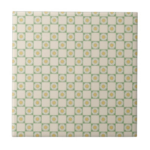 Green Aesthetic Chequered Sunflower Y2K Pattern Tile
