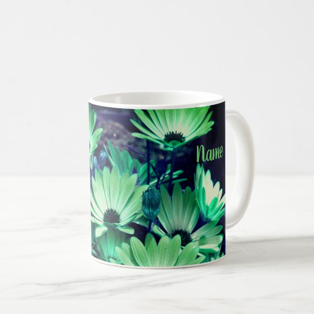 Green African Daisies Floral Art Personalized Coffee Mug (Front Right)