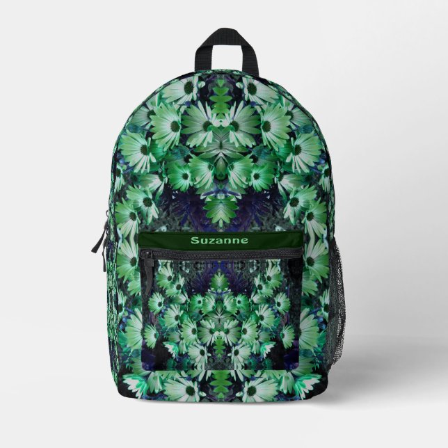 Green African Daisy Flowers Abstract Personalized Printed Backpack (Front)