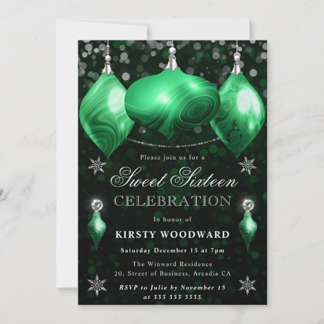 Green Agate Baubles Christmas Sweet 16 Invitation (Front)