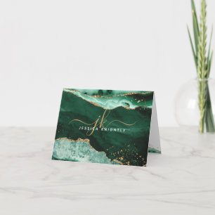 Green Agate Geode Gold Glitter Monogram Script Note Card