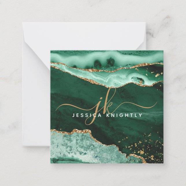 Green Agate Geode Gold Glitter Script Monogram Card (Front)