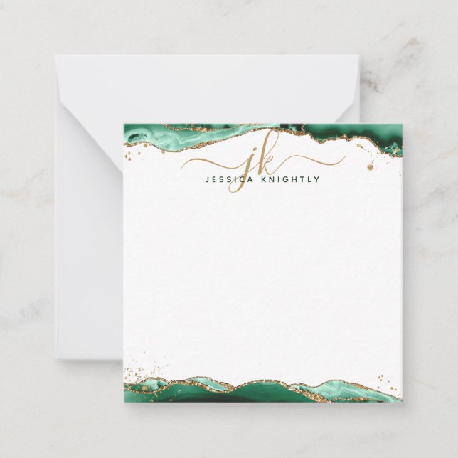 Green Agate Geode Gold Glitter Script Monogram Card (Front)