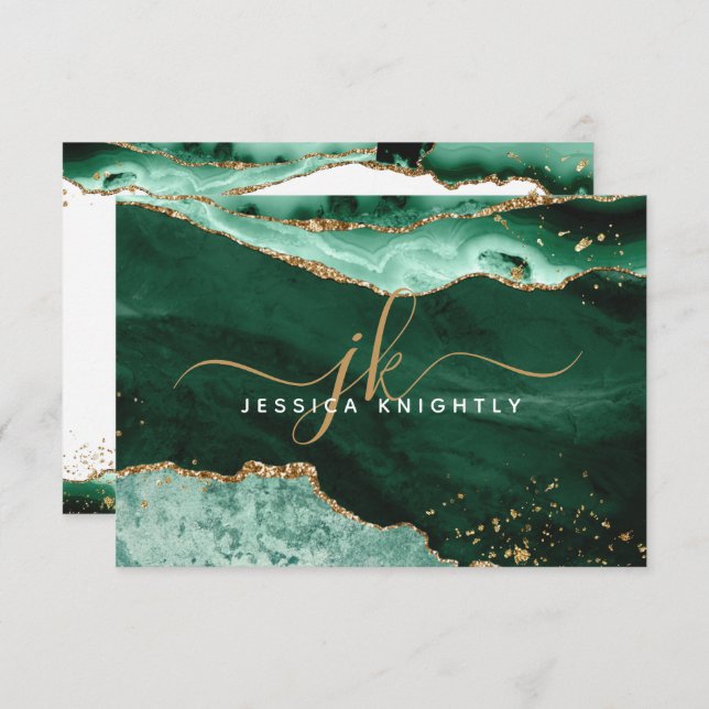 Green Agate Geode Gold Glitter Script Monogram Card (Front/Back)