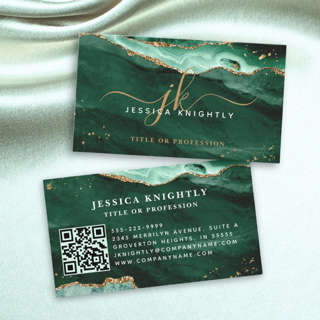 Green Agate Geode Monogram Gold Script Business Card (Creator Uploaded)