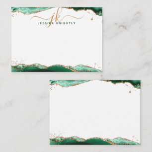Green Agate Geode Script Monogram Gold Glitter Card