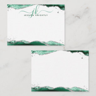 Green Agate Geode Script Monogram Silver Glitter Card